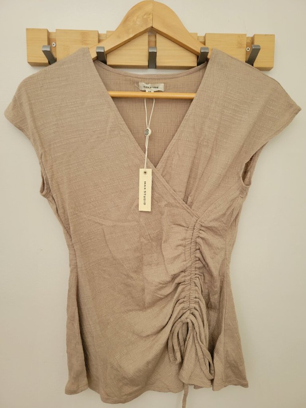 Max Studio Oatmeal V Neck Cinched Top NWT